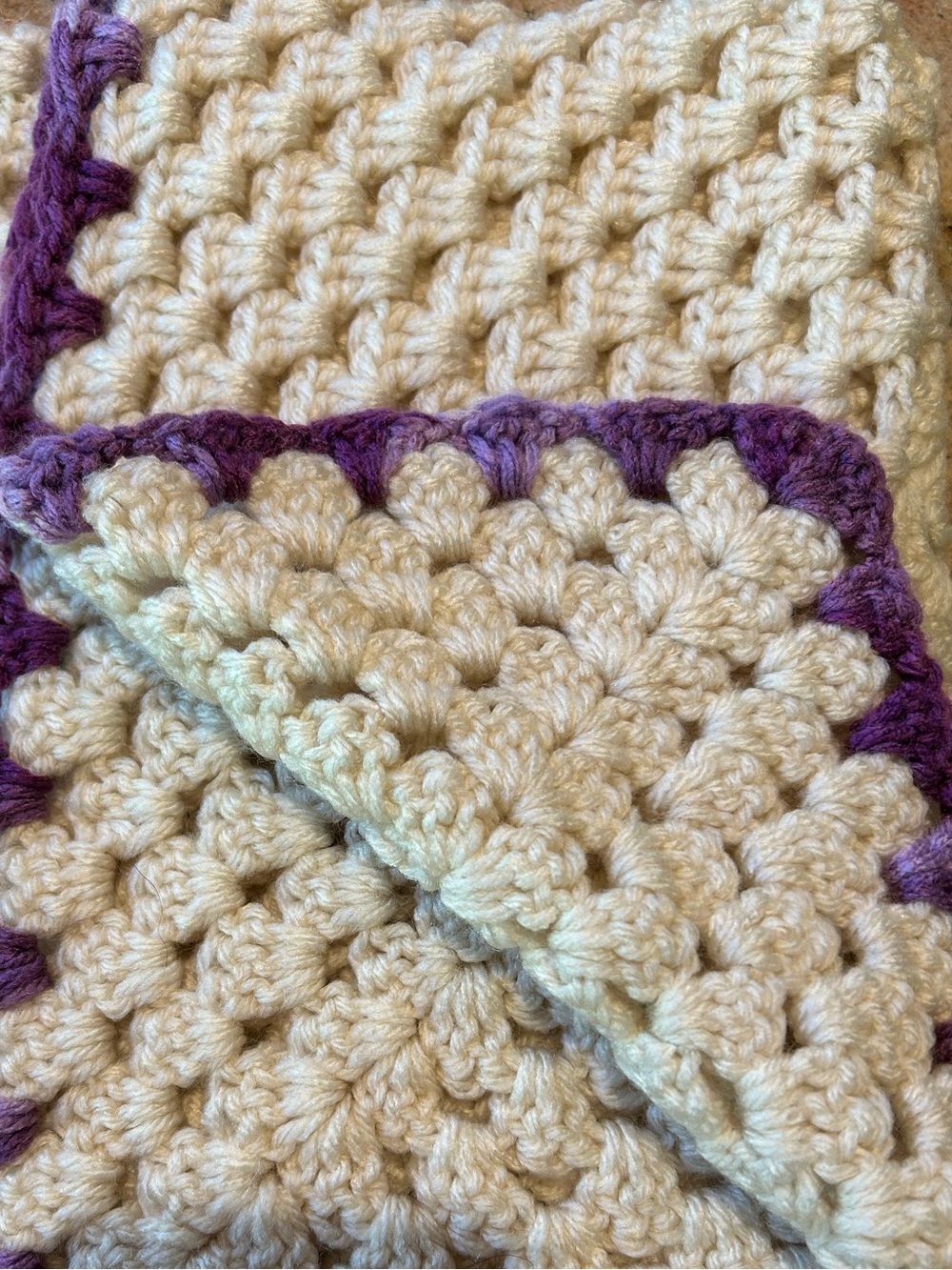 24”x24” Handmade Lavender & Ivory Cream Crochet Baby Afghan w/Purple Trim Unused